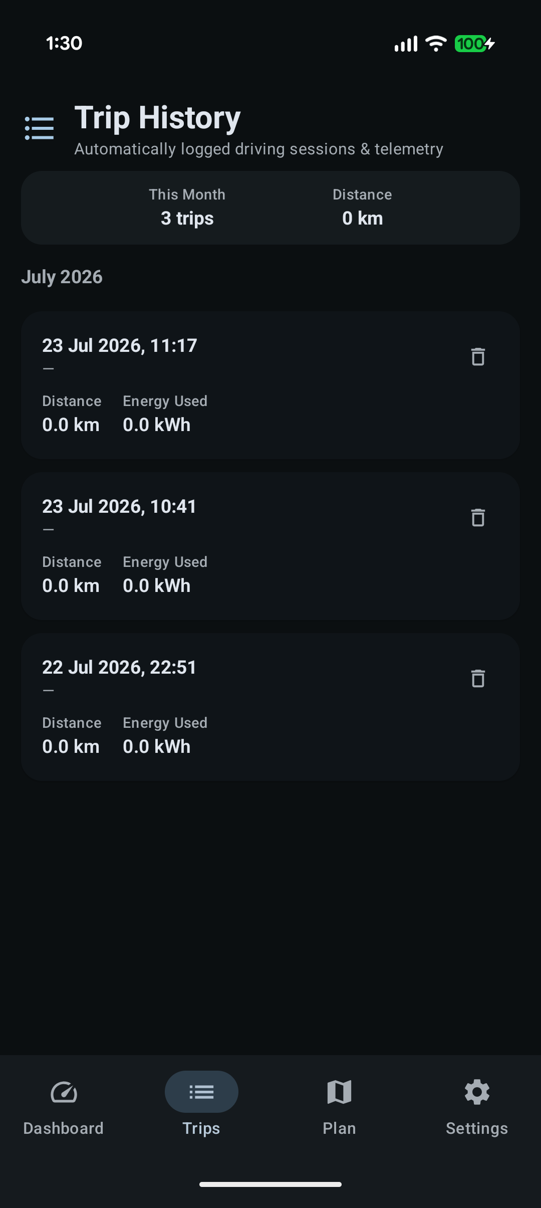 Trip history showing automatically logged driving sessions