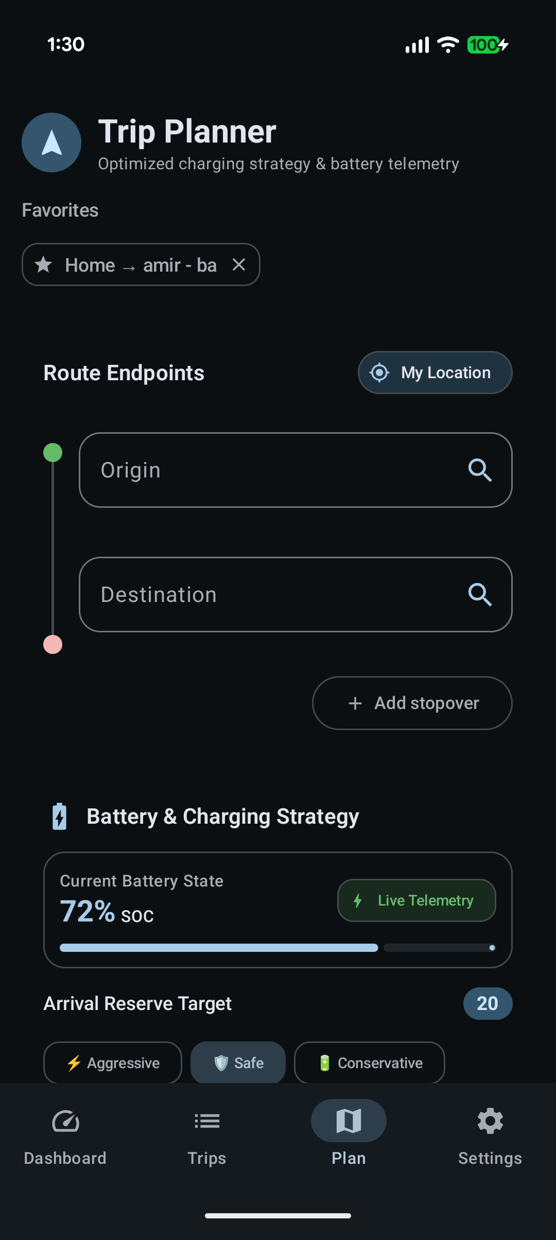 Trip planner with route endpoints, battery state and arrival reserve slider