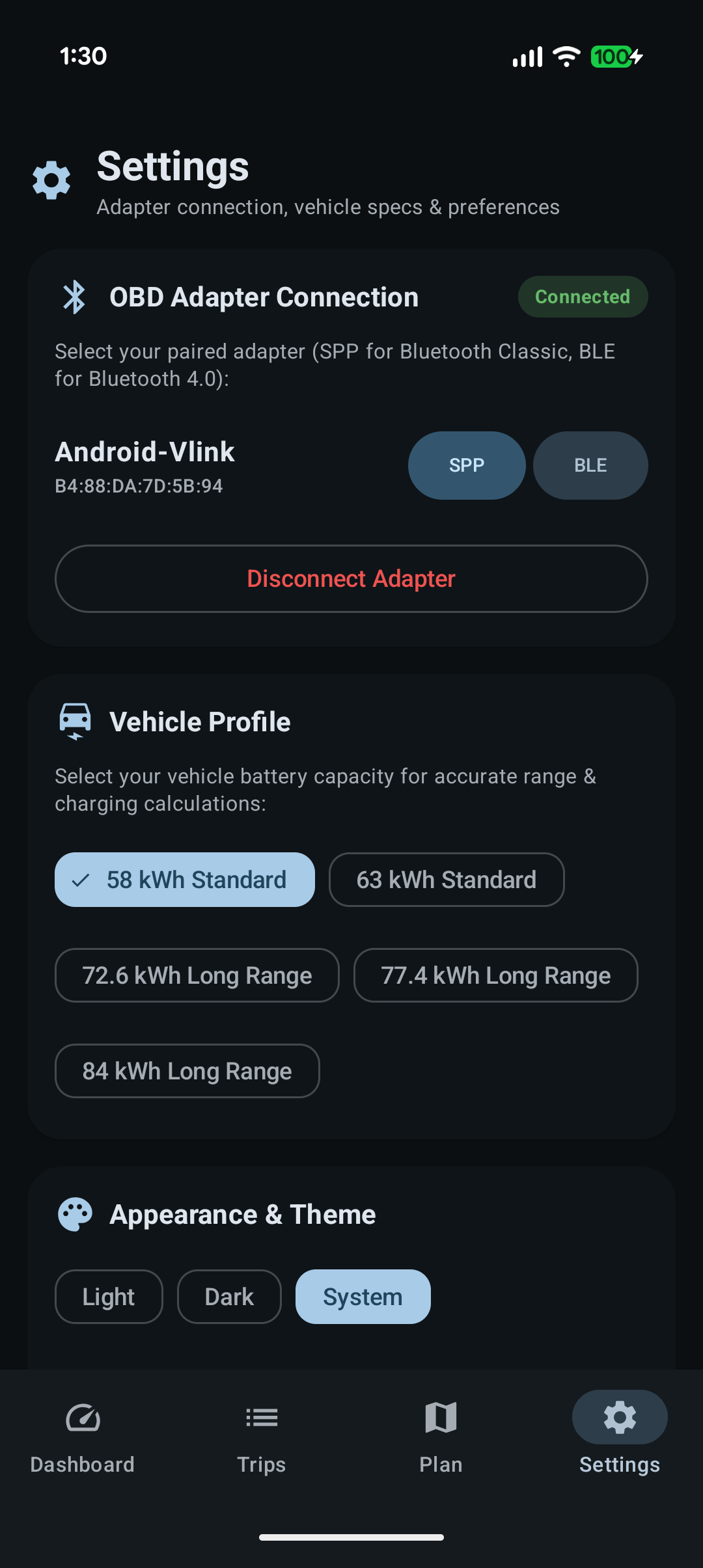 Settings with OBD adapter connection, vehicle profile and theme options